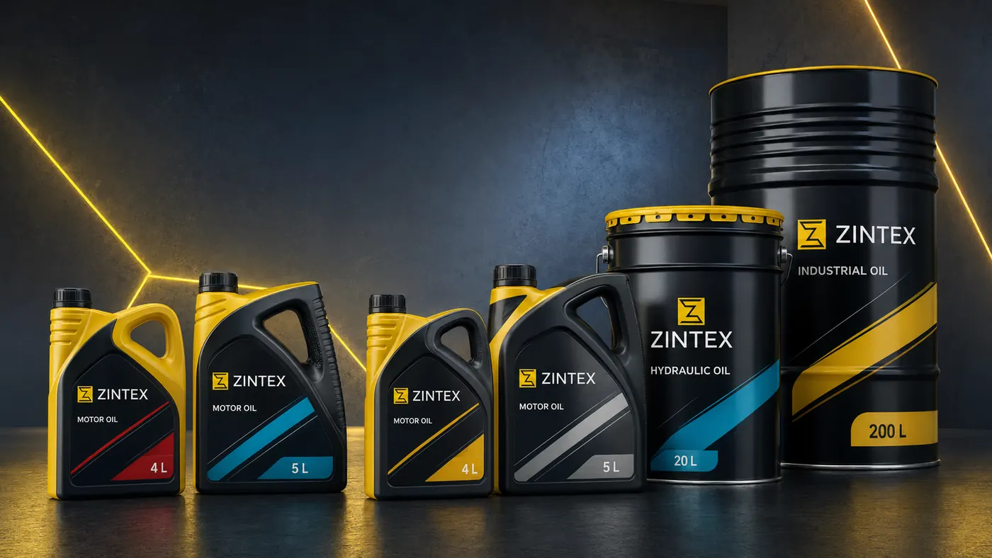 Концепция линейки масел ZINTEX: канистры 4 и 5 литров, металлическое ведро 20 литров и бочка 200 литров